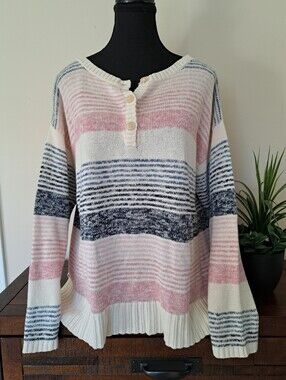Chaps Striped Sweater Womens Medium  Pink Blue Cream Linen Cotton Henley Classic